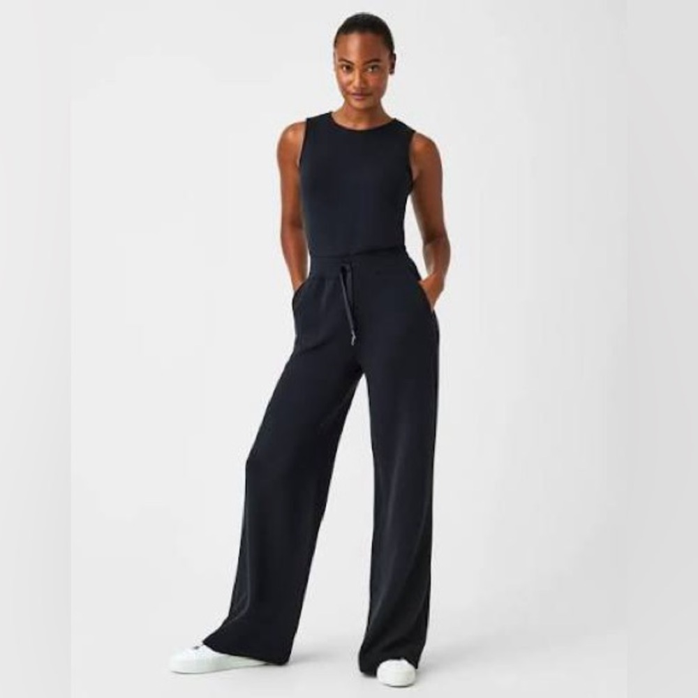 Spanx AirLuxe Wide Leg Sleeveless Jumpsuit Black XL Tall Travel Comfy Pockets